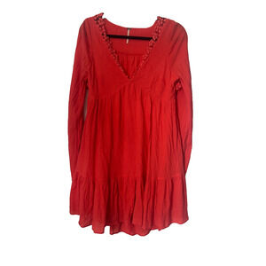 Free People Gentle Dreamer Dress Size S Coral Red Boho Open Back Bell Sleeves